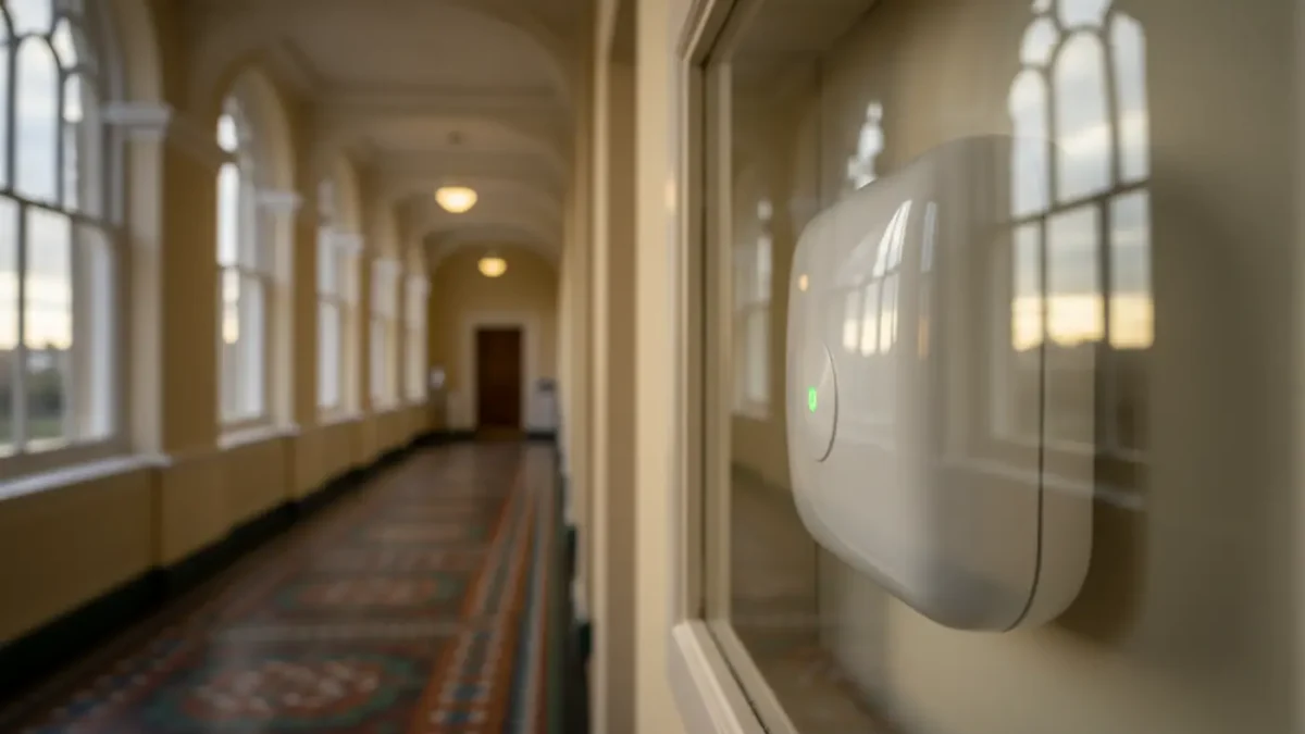 Smoke detector in a Victorian college corridor in the North West, illustrating fire alarm compliance.
