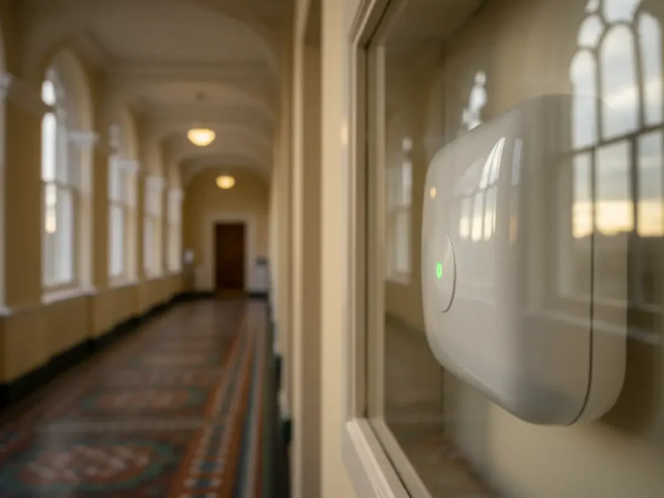 Smoke detector in a Victorian college corridor in the North West, illustrating fire alarm compliance.