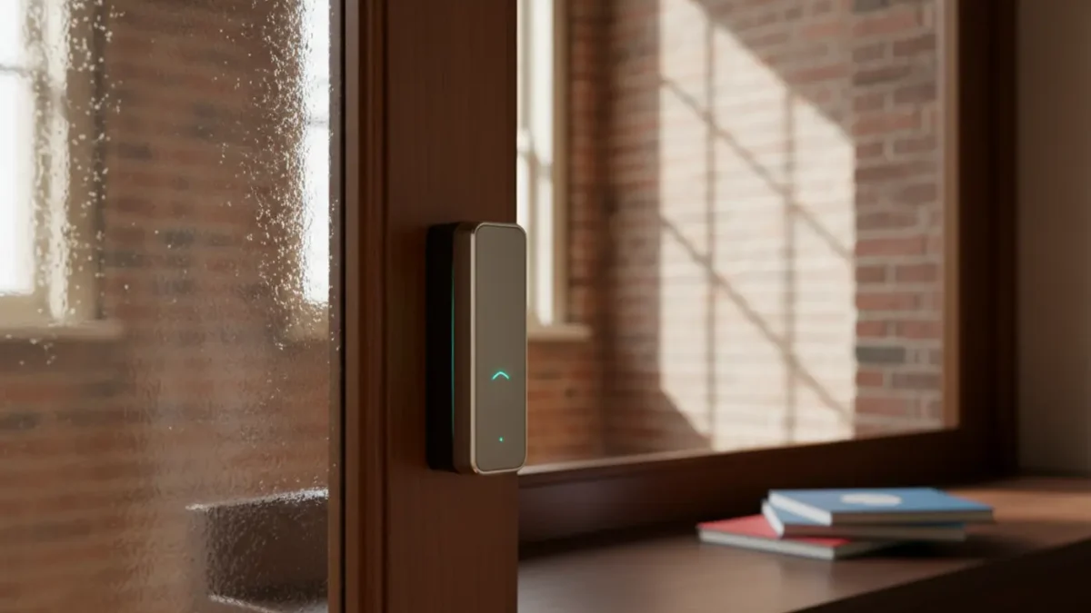 Unbranded access control reader beside a Manchester school classroom door, morning light through corridor.