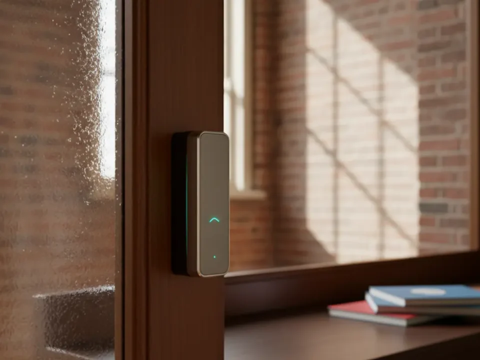 Unbranded access control reader beside a Manchester school classroom door, morning light through corridor.