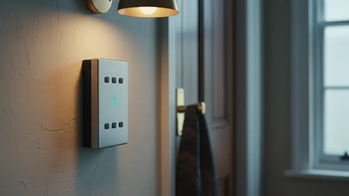 Grade 3 intruder alarm keypad in a UK Victorian hallway with mixed lighting, highlighting security system choice.