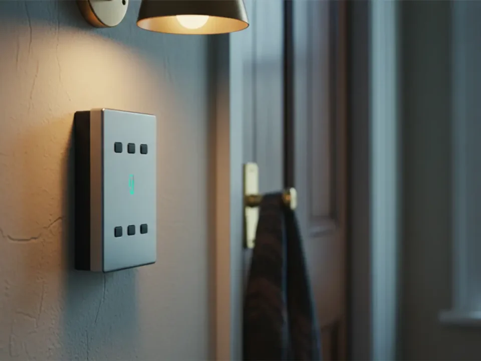 Grade 3 intruder alarm keypad in a UK Victorian hallway with mixed lighting, highlighting security system choice.
