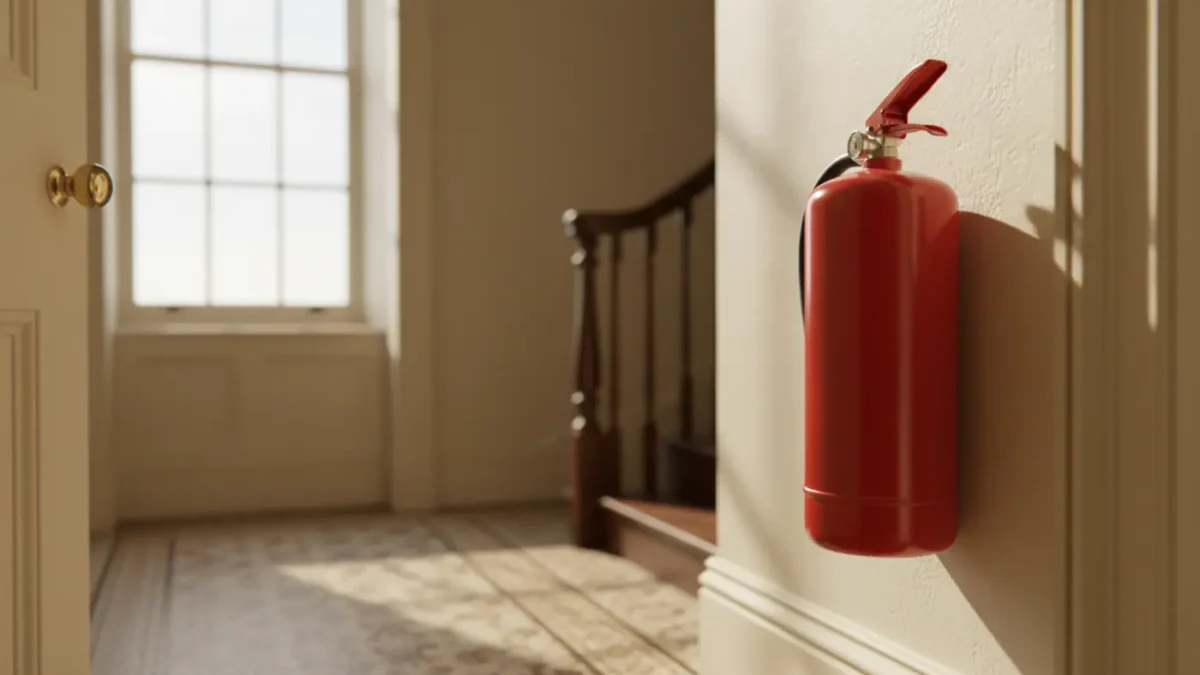 Fire extinguisher on a Victorian Manchester HMO hallway wall in soft morning light.