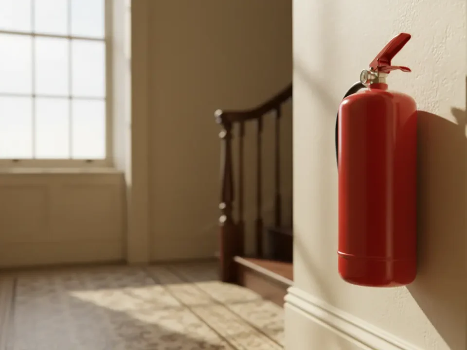 Fire extinguisher on a Victorian Manchester HMO hallway wall in soft morning light.