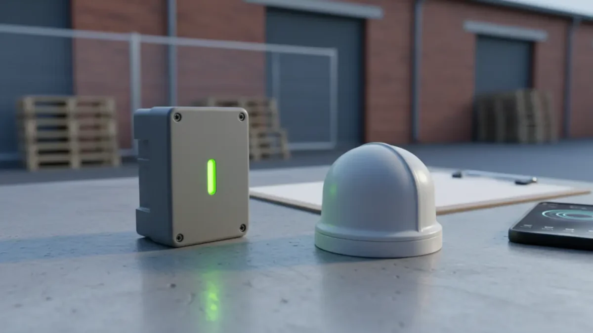 Fence vibration sensor and PIR unit on concrete surface with Manchester warehouse backdrop for perimeter comparison blog.