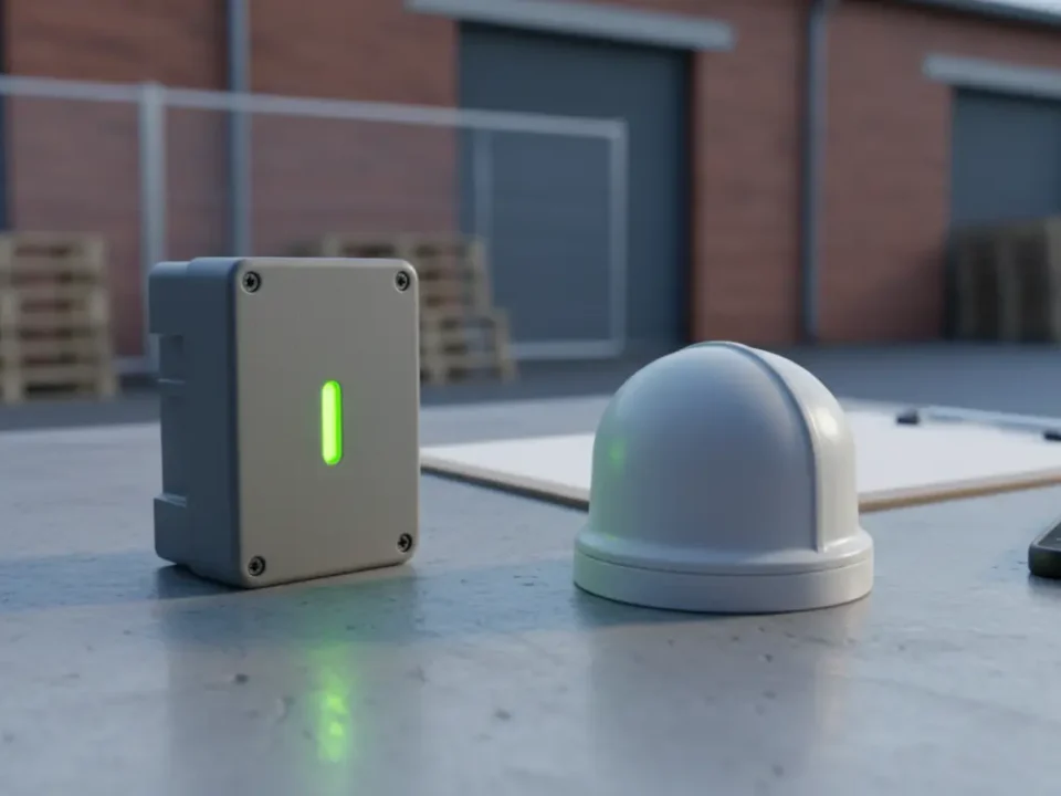 Fence vibration sensor and PIR unit on concrete surface with Manchester warehouse backdrop for perimeter comparison blog.