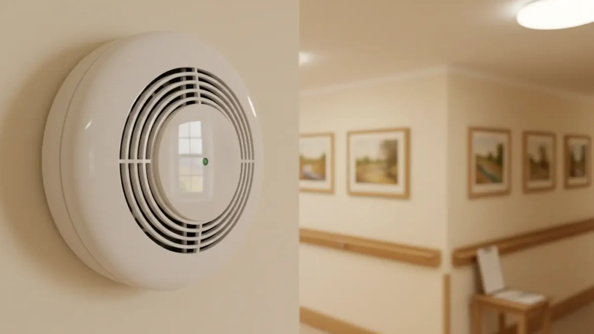 Smoke detector in UK care home corridor with soft morning light, highlighting fire alarm maintenance compliance.