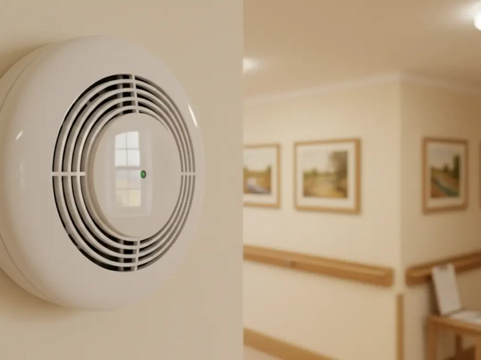 Smoke detector in UK care home corridor with soft morning light, highlighting fire alarm maintenance compliance.