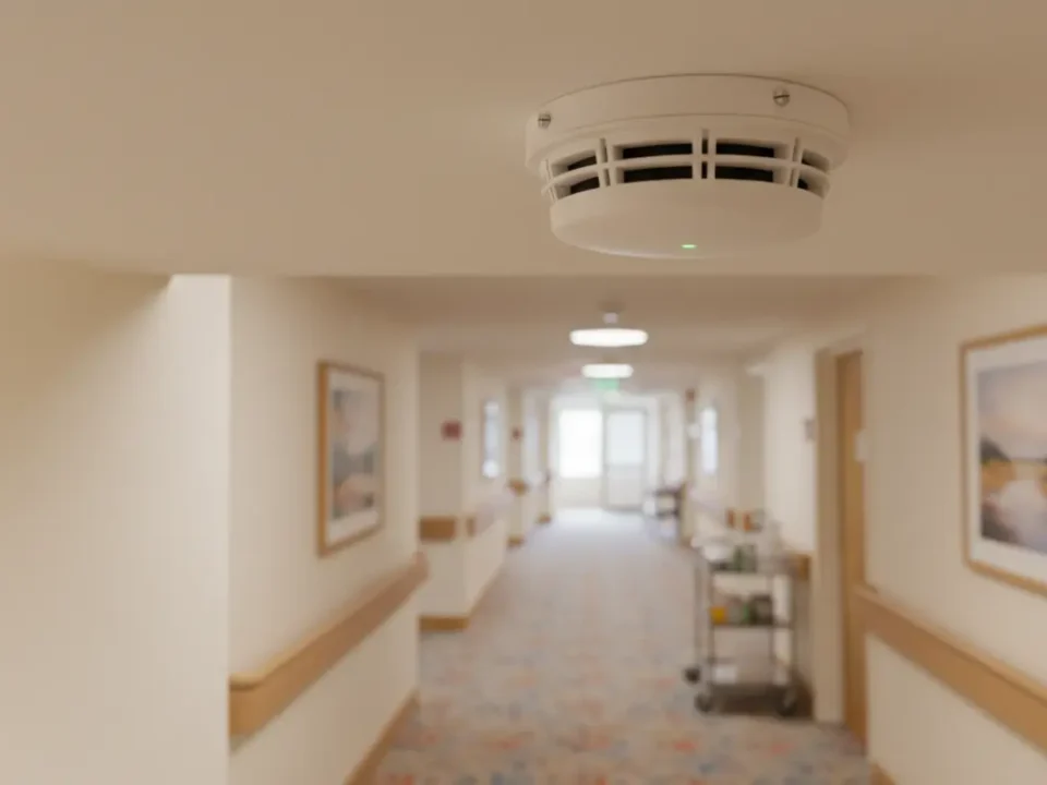 Smoke detector in UK care home corridor, fire alarm maintenance guide context with soft lighting.