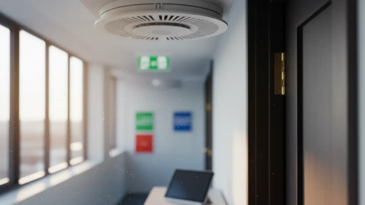 Smoke and heat fire detector in a Manchester office corridor for fire alarm service contract blog.