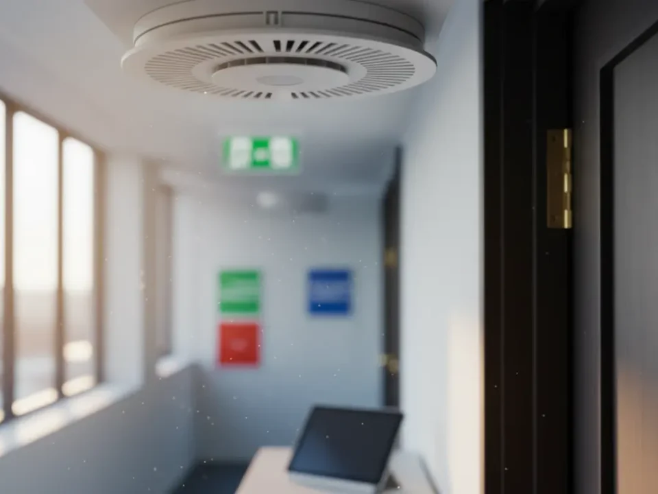 Smoke and heat fire detector in a Manchester office corridor for fire alarm service contract blog.