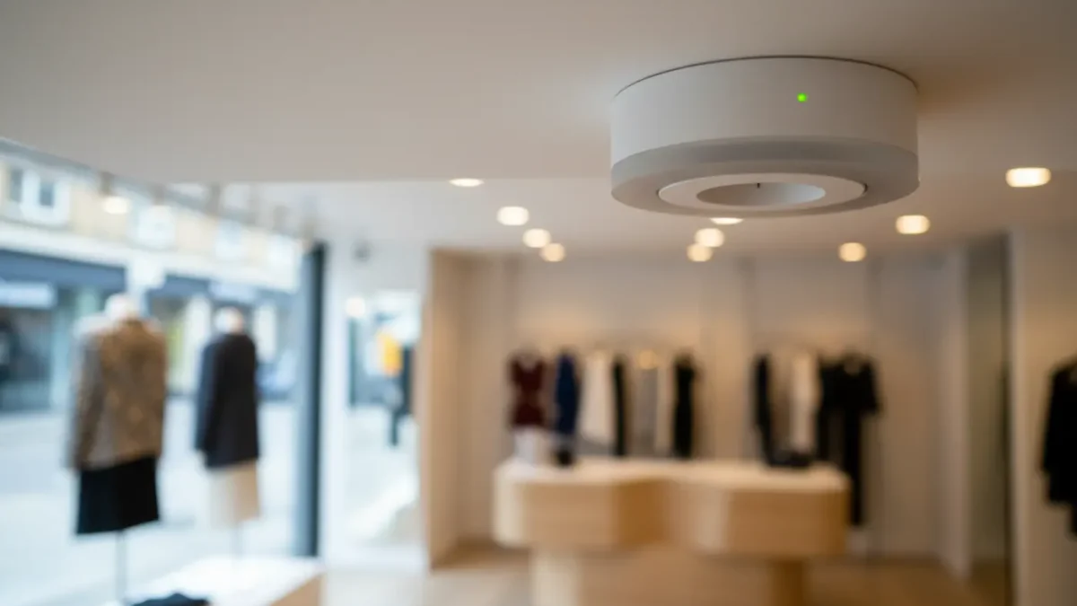 Ceiling smoke alarm with beacon in Manchester retail shop, showing compliant fire alarm system setup.