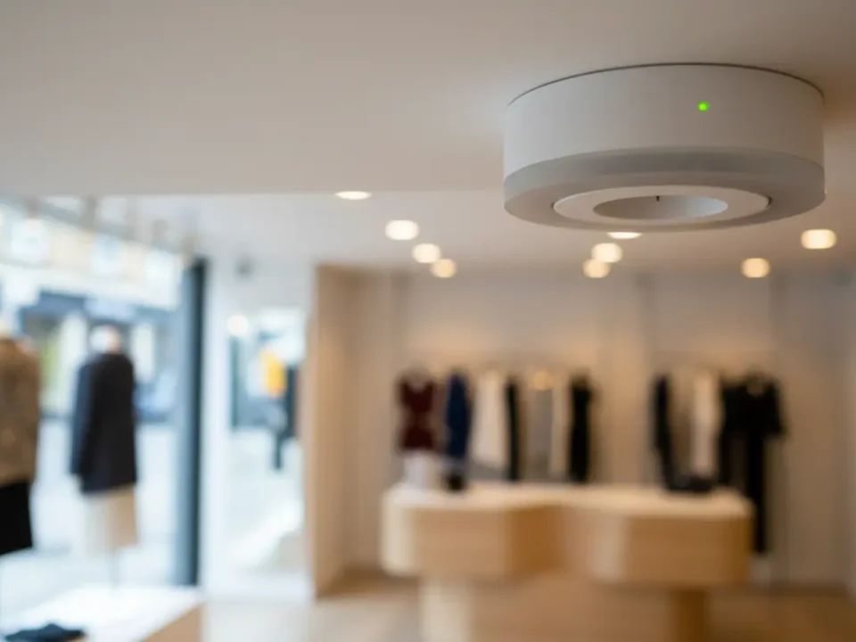 Ceiling smoke alarm with beacon in Manchester retail shop, showing compliant fire alarm system setup.