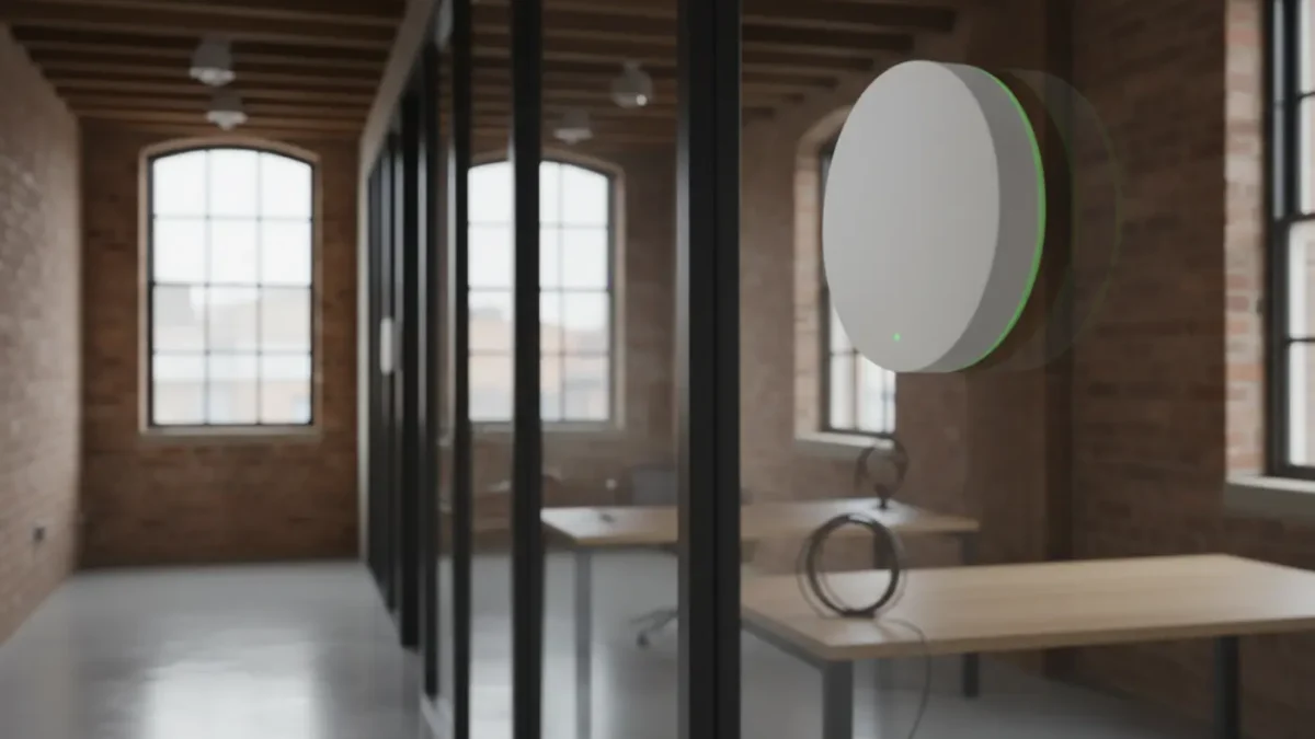 Wi‑Fi access point in a Manchester office hallway viewed through glass during small office network setup.