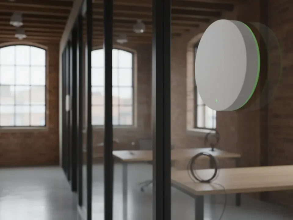 Wi‑Fi access point in a Manchester office hallway viewed through glass during small office network setup.
