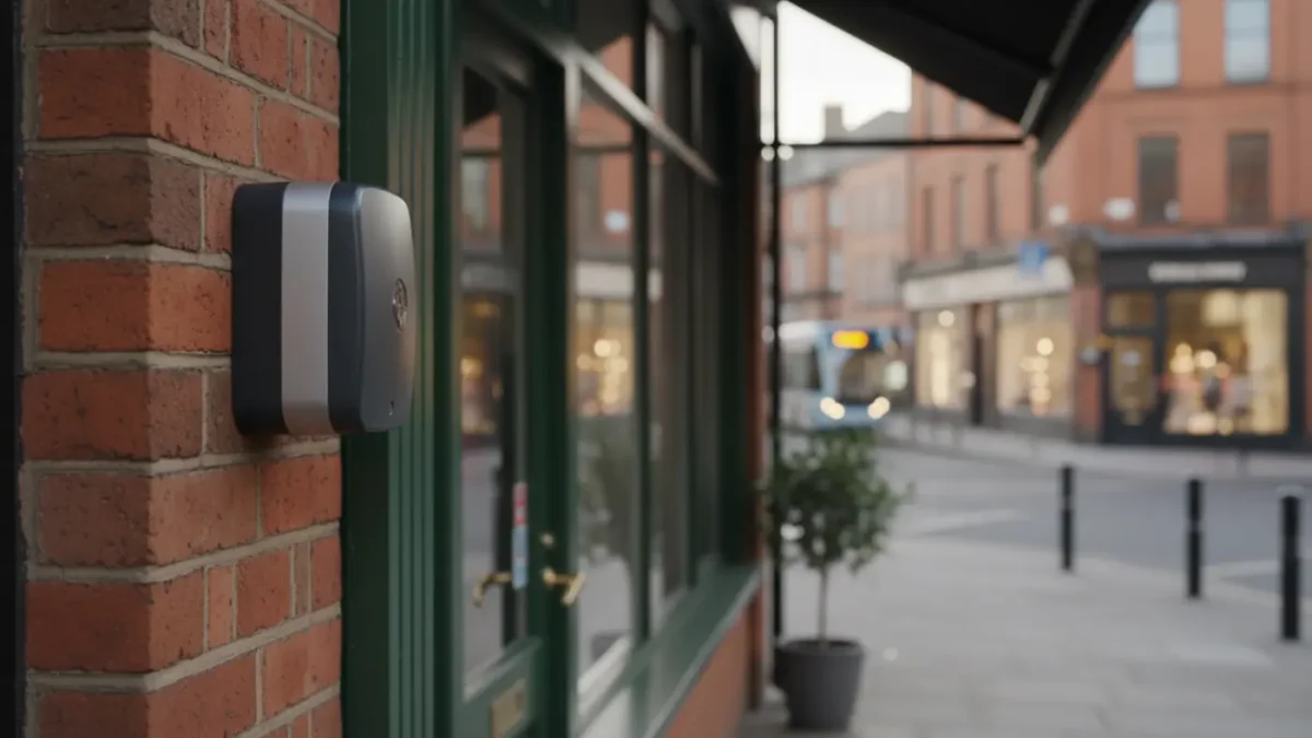 External intruder alarm siren on Manchester shopfront in soft morning light for retail security blog.