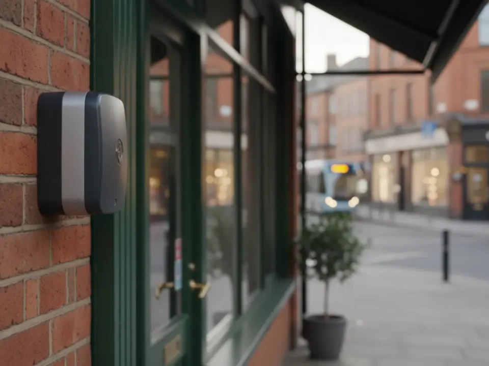 External intruder alarm siren on Manchester shopfront in soft morning light for retail security blog.