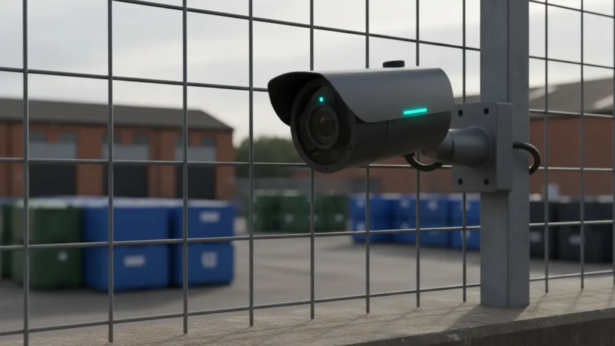 PTZ security camera framed through a steel fence at a North West waste management yard.