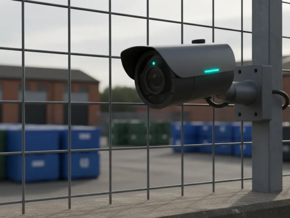 PTZ security camera framed through a steel fence at a North West waste management yard.