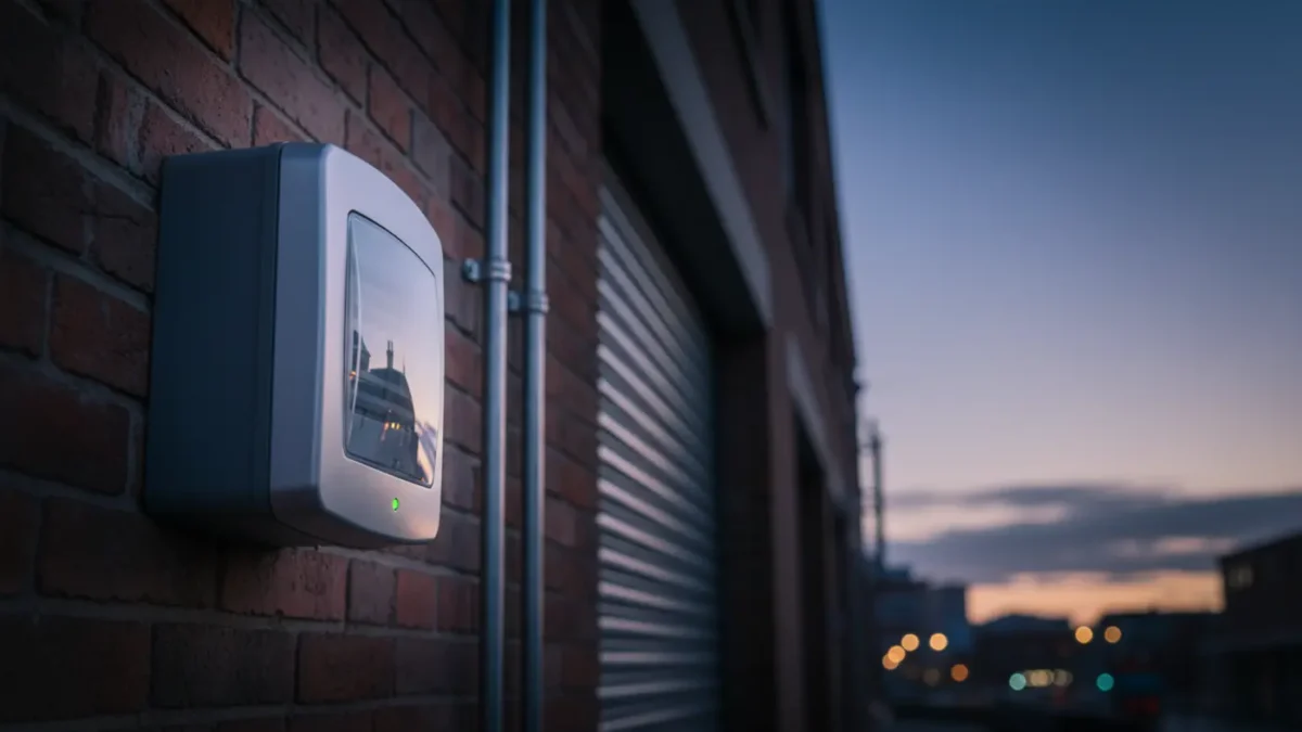 External intruder alarm bell box on Manchester brick at blue hour, SSAIB compliant security feature.