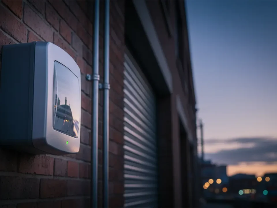External intruder alarm bell box on Manchester brick at blue hour, SSAIB compliant security feature.