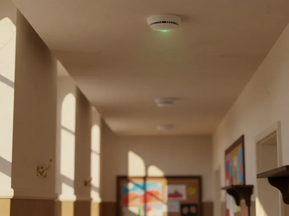 Smoke fire detector on a Victorian school corridor ceiling in soft daylight.