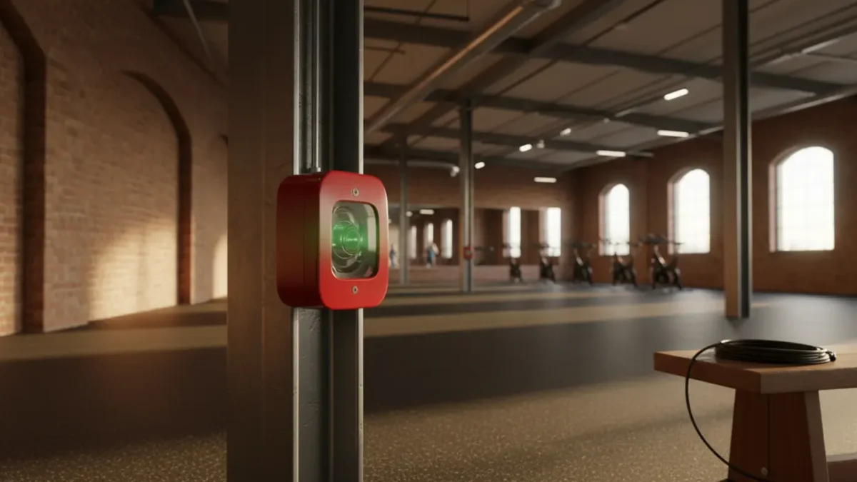 Fire alarm sounder beacon in a Manchester warehouse gym with warm light and blurred studio background