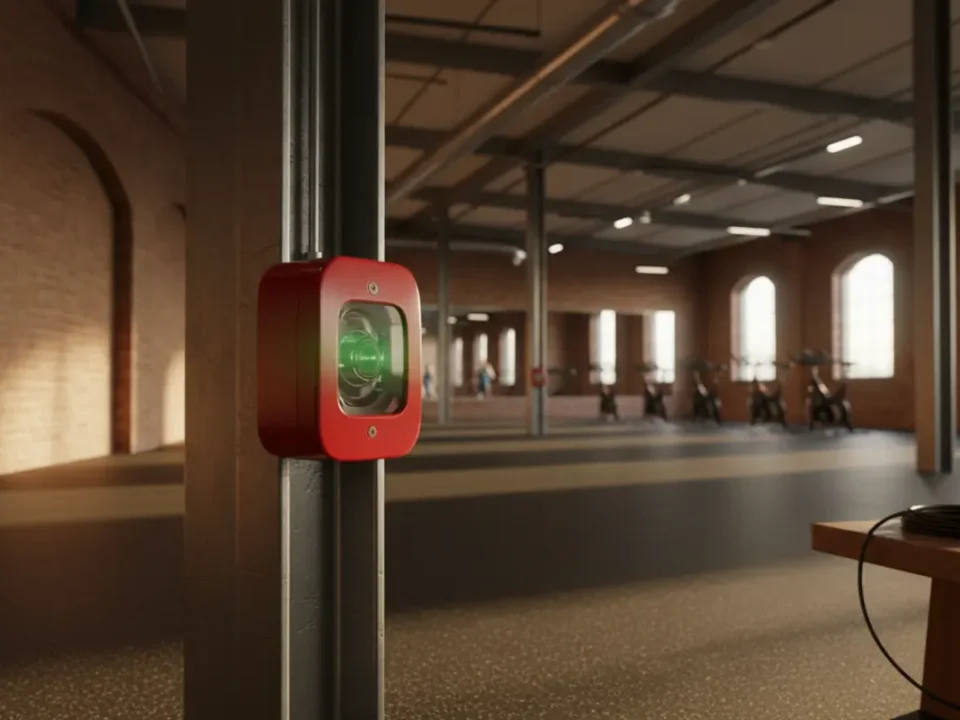 Fire alarm sounder beacon in a Manchester warehouse gym with warm light and blurred studio background