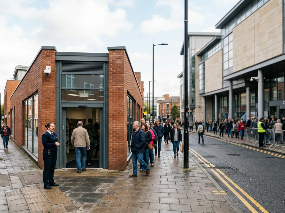 Access control reader in a UK venue entrance.