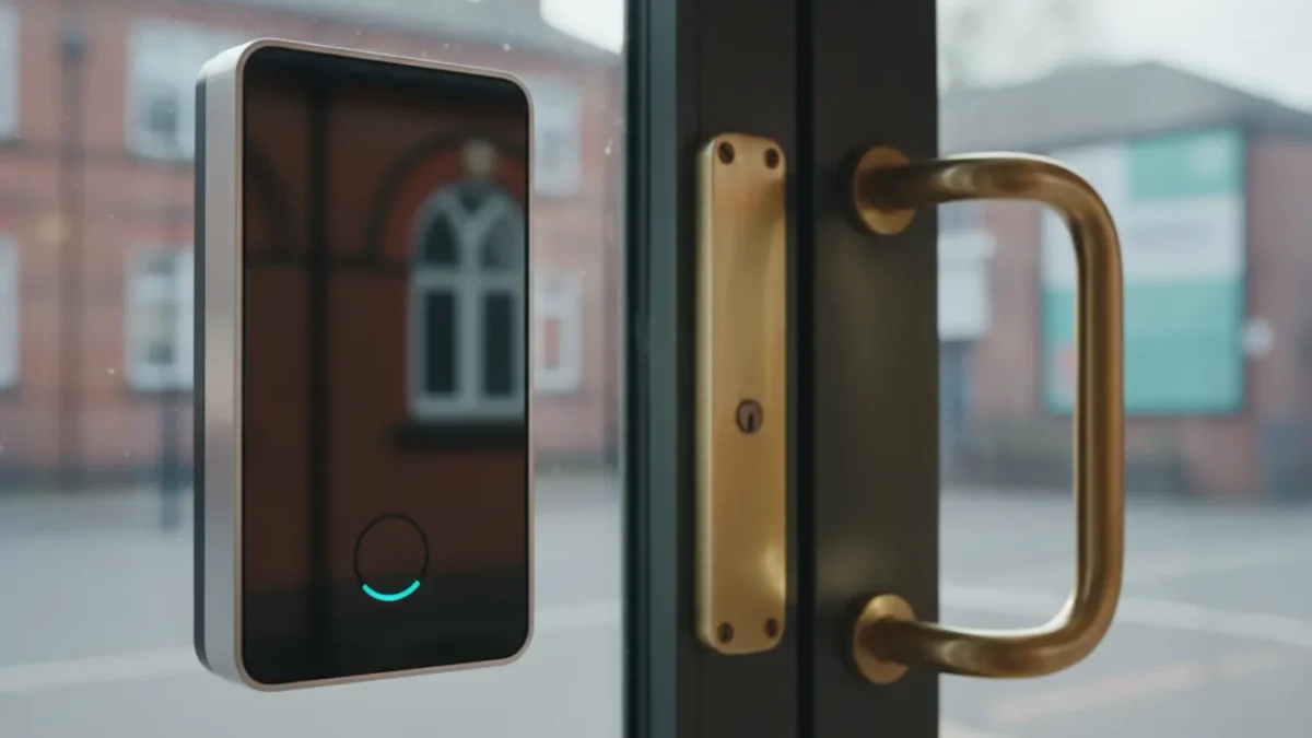 Close macro of an access control reader at a UK venue entrance for Martyn’s Law guidance.