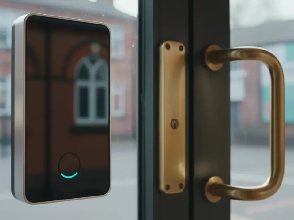Close macro of an access control reader at a UK venue entrance for Martyn’s Law guidance.
