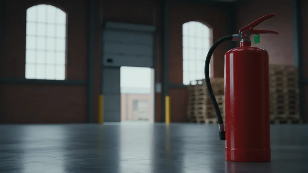 Fire extinguisher in Manchester warehouse setting, illustrating business fire safety compliance