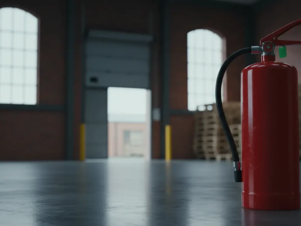 Fire extinguisher in Manchester warehouse setting, illustrating business fire safety compliance