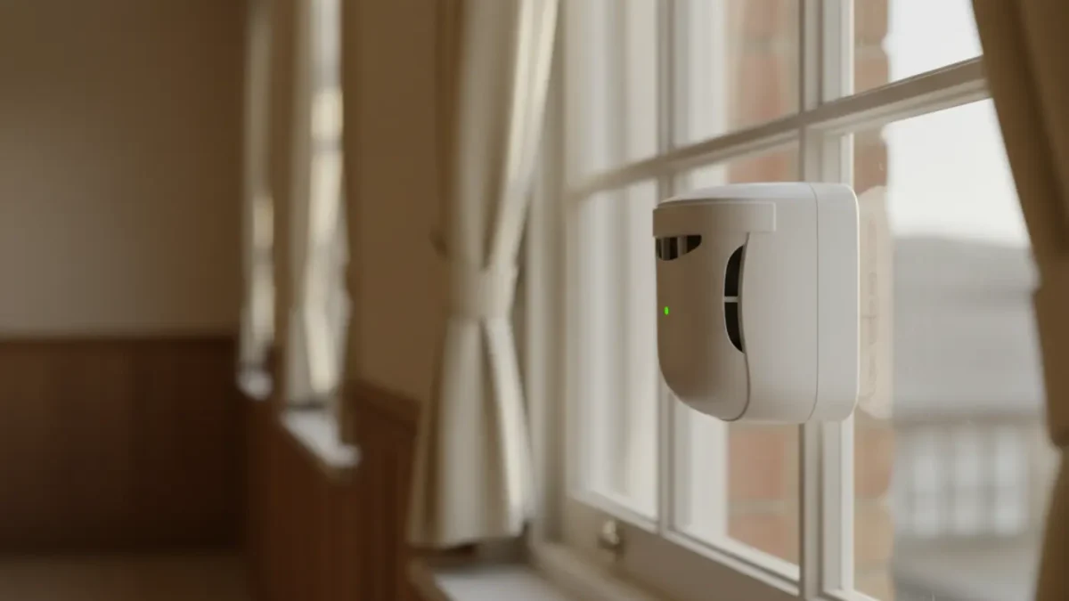 Wireless smoke detector in a North West nursing home corridor with soft morning light.