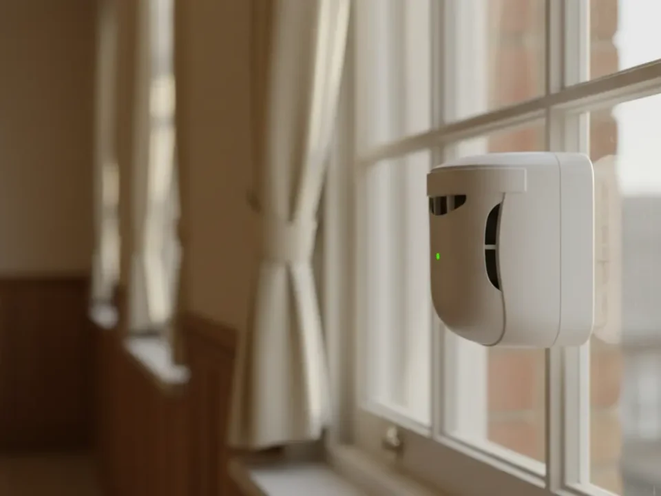 Wireless smoke detector in a North West nursing home corridor with soft morning light.