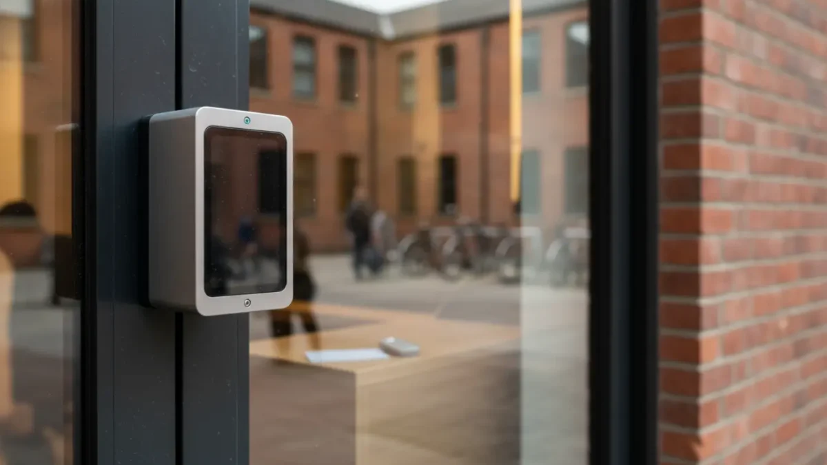 Smart card access control reader at a Manchester college entrance for North West campus security