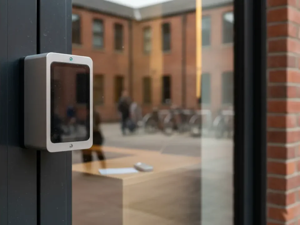 Smart card access control reader at a Manchester college entrance for North West campus security