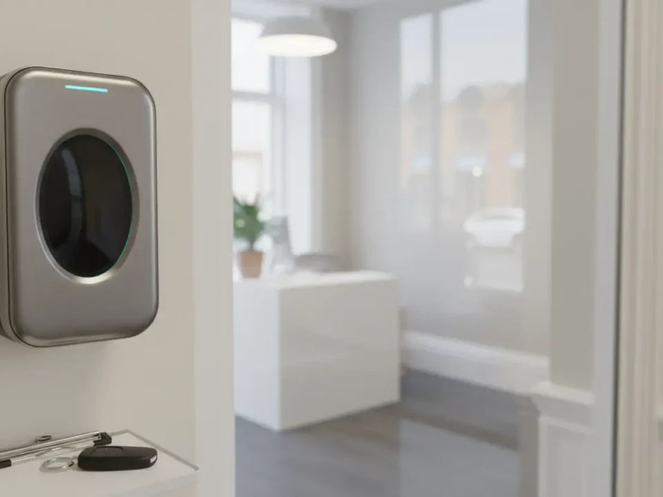 Biometric access control reader on clinic door in Manchester, supporting medical premises security and compliance.