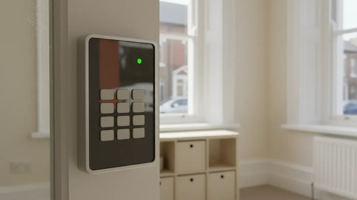 Unbranded intruder alarm keypad in a Manchester nursery hallway for safeguarding security