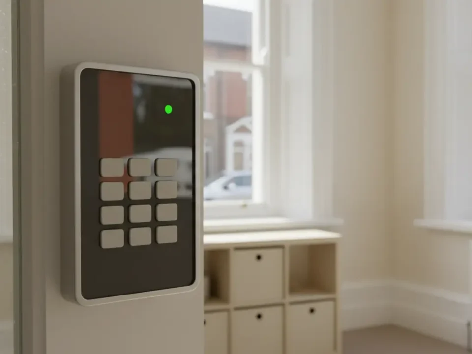 Unbranded intruder alarm keypad in a Manchester nursery hallway for safeguarding security