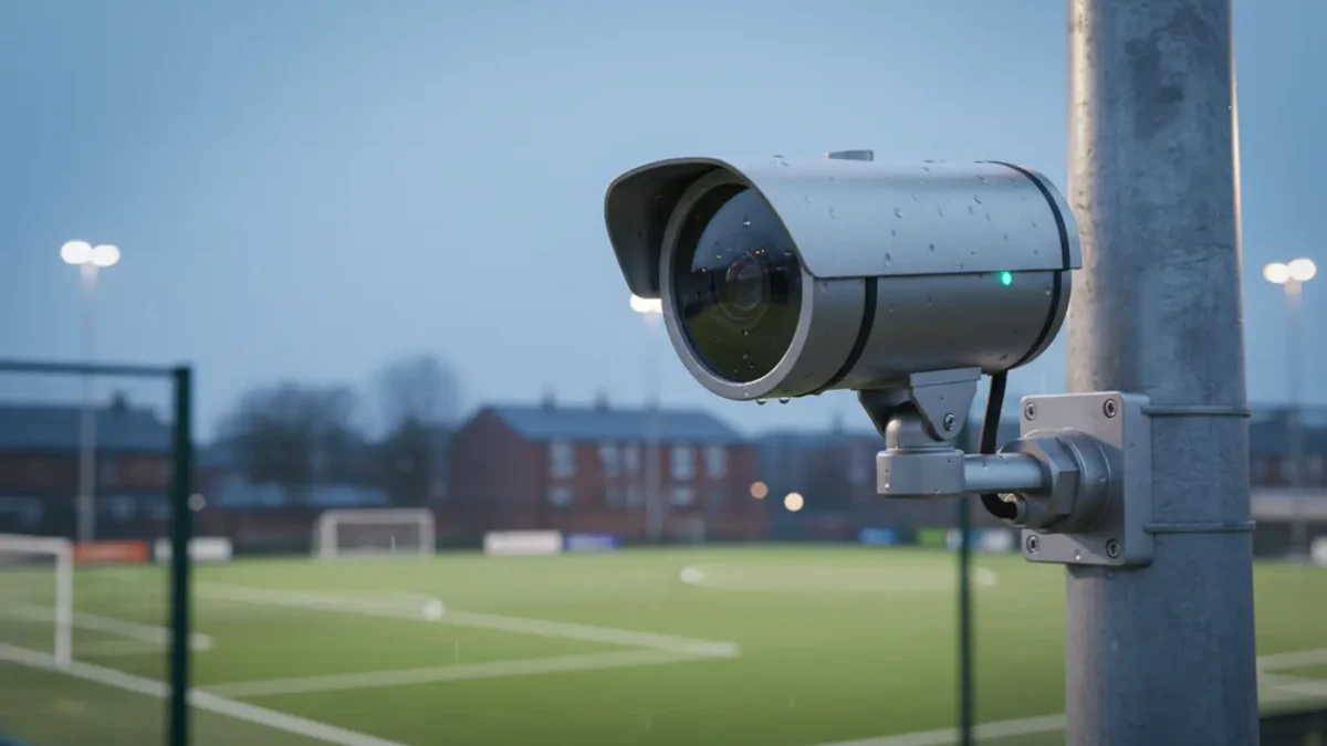 PTZ CCTV camera overlooking a floodlit 3G football pitch in Manchester for sports facility security
