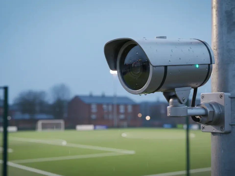 PTZ CCTV camera overlooking a floodlit 3G football pitch in Manchester for sports facility security