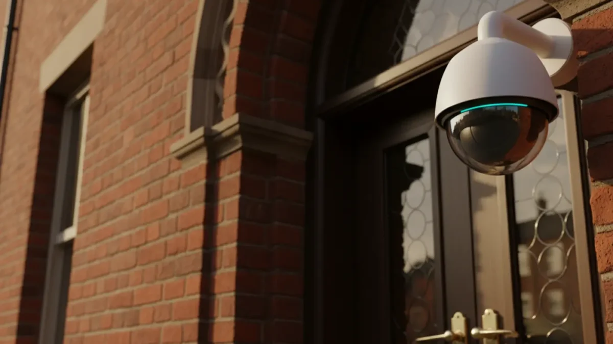 CCTV dome camera on Manchester mosque entrance at golden hour, supporting community safety discreetly.