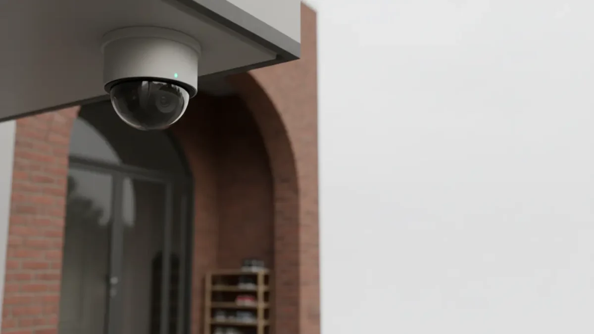 CCTV dome camera at Manchester mosque entrance, supporting community safety without intruding on worship.