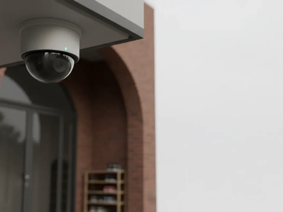 CCTV dome camera at Manchester mosque entrance, supporting community safety without intruding on worship.