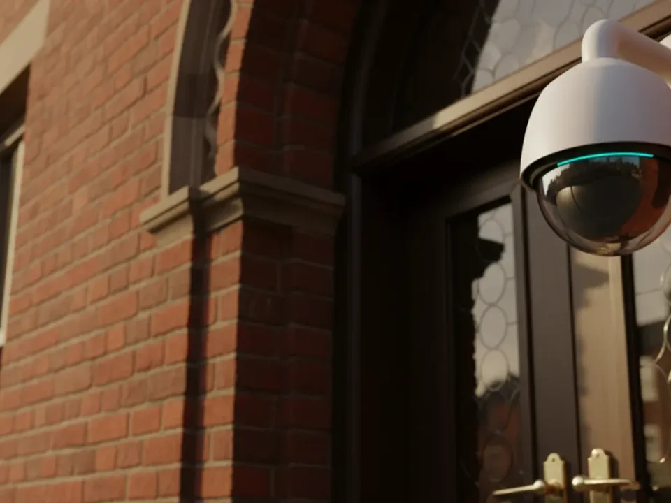 CCTV dome camera on Manchester mosque entrance at golden hour, supporting community safety discreetly.