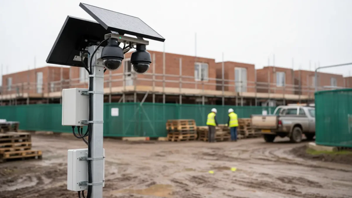Temporary CCTV tower on a Manchester construction site for monitored camera costs