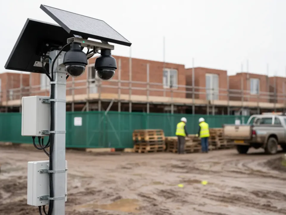 Temporary CCTV tower on a Manchester construction site for monitored camera costs
