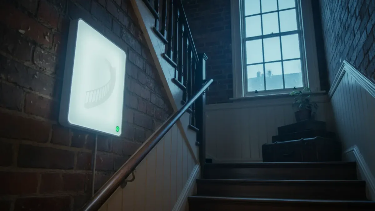 Emergency LED bulkhead lighting a Manchester HMO staircase at dusk, showing safe escape route illumination.