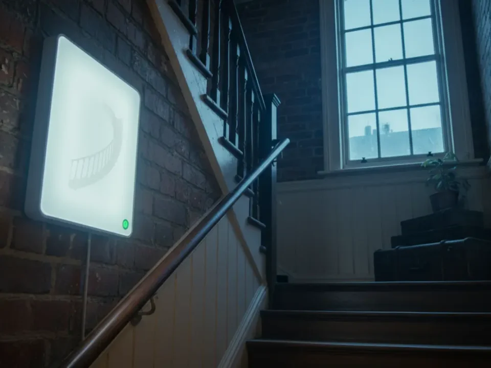 Emergency LED bulkhead lighting a Manchester HMO staircase at dusk, showing safe escape route illumination.